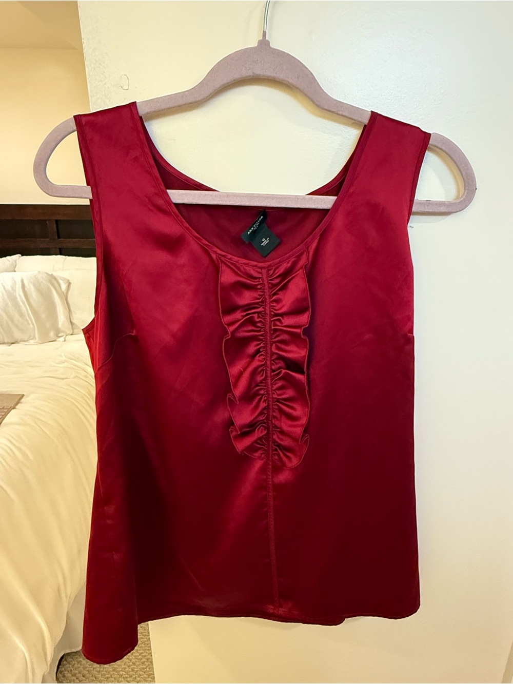 Ann Taylor Red Satin Sleeveless Ruffle Front Top